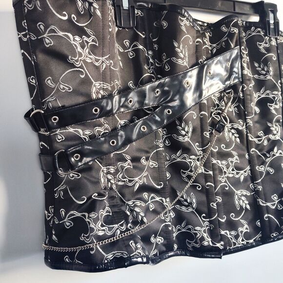 38" Black Silver Satin Underbust Wench Corset Tapestry Floral Embroidery Lace-Up - Picture 3 of 11